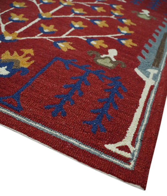 Custom Made Tree Of Life Maroon, Blue, Gray and Gold Hand Tufted Wool Area Rug