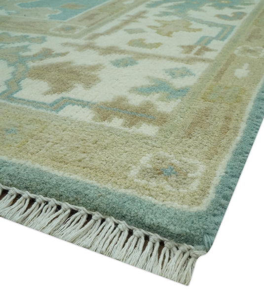 Custom Made Hand Knotted Blue, Green And ivory Oushak Rug Wool Area Rug