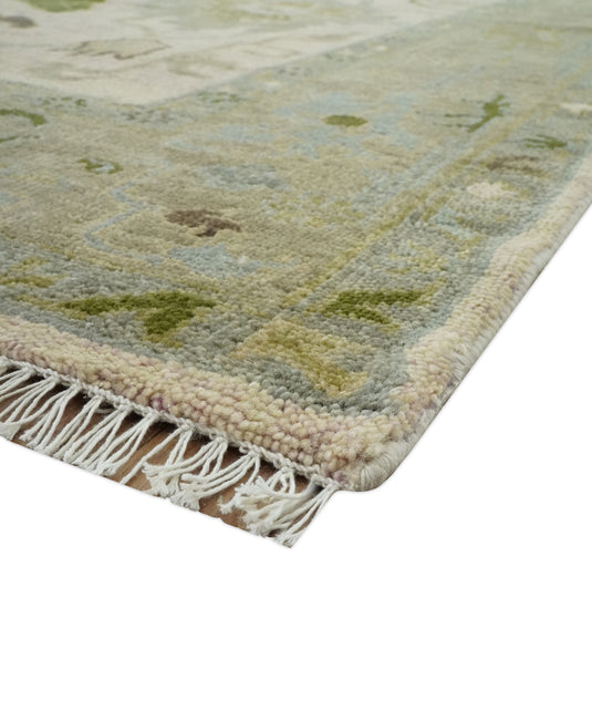 Custom Made Green, Cream, Brown And Beige Floral Oushak Hand Knotted Wool Area Rug