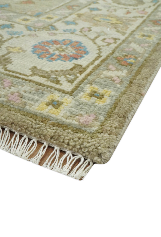 Custom Made Olive, Blue, Pink And Ivory Traditional Oushak Hand Knotted Wool Area Rug