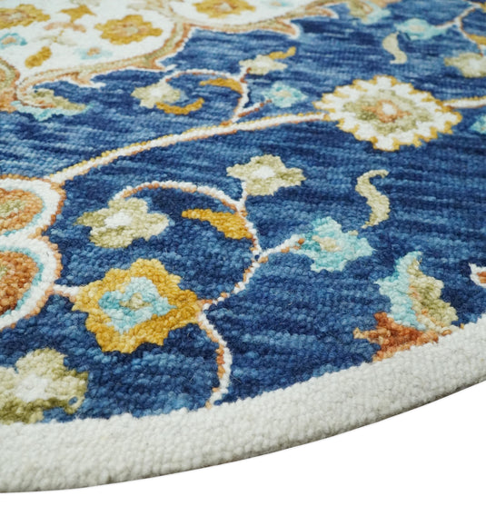 Custom Made Traditional Floral Blue, Gold, Rust, Ivory And Beige Hand Tufted  Wool Area Rug