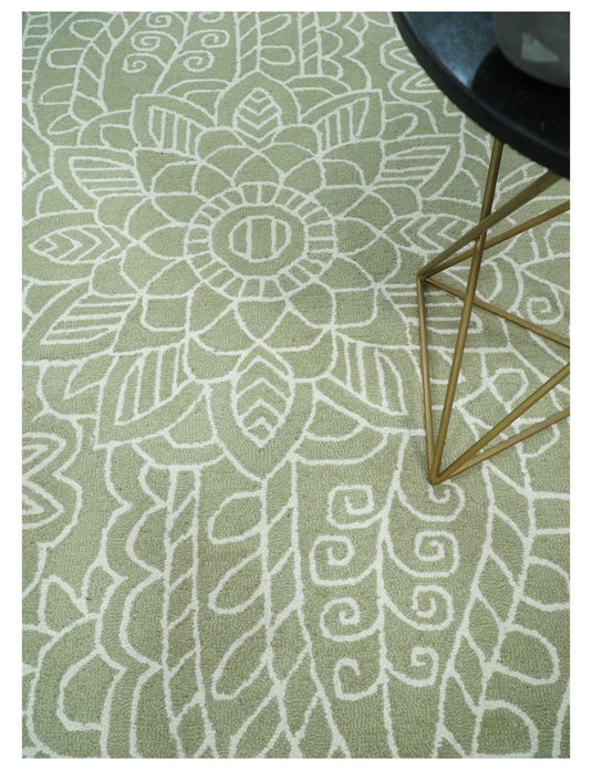 Custom Made Olive Green And Ivory Hand Tufted  Wool Area Rug