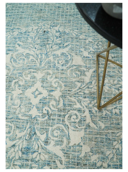 Custom Made Floral Blue And Ivory Hand Tufted Wool Area Rug