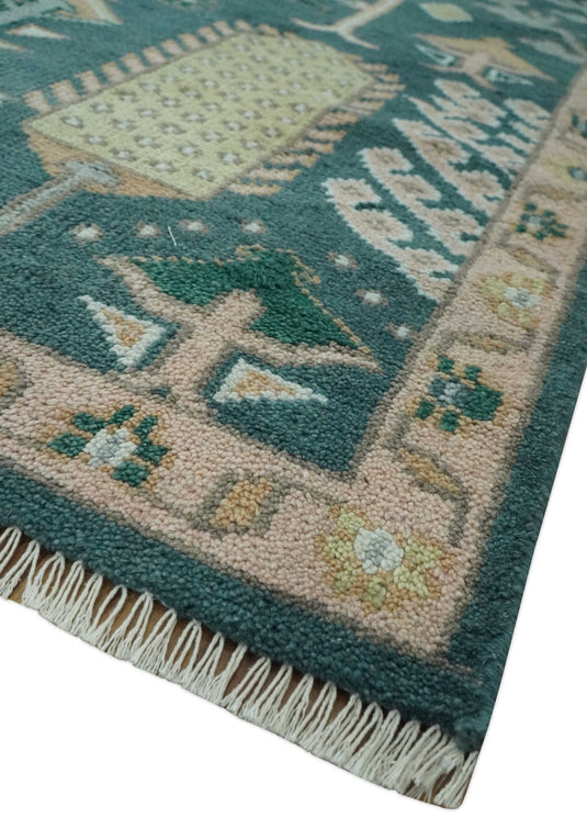 Tree Of Life Teal And Light Brown Hand Knotted 8x10 ft wool Area Rug