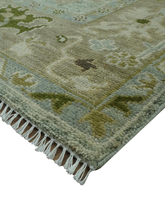 Custom Made Hand Knotted Floral Green And Gray Wool Area Rug