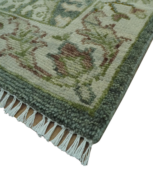 Custom Made Hand Knotted Gray And Green Traditional Oushak Wool Area Rug