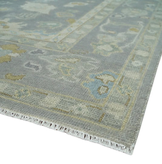 Custom Made Hand Knotted Oriental Oushak Gray, Olive And Ivory Wool Area Rug