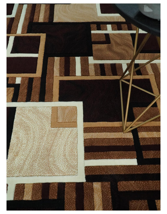 Modern Geometrical Pattern Beige, Brown, Black And White Hand Woven 6x8 ft Bedroom, Living Room Rug Polyester Area Rug