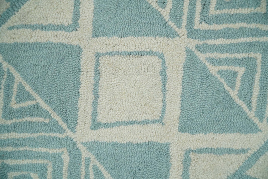 Custom Made Modern Geometrical Ivory And Sage Blue Hand Tufted Wool Area Rug