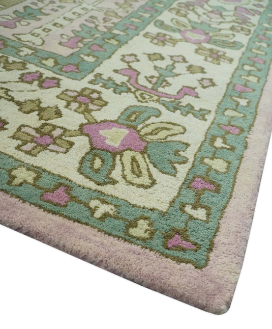 Tree Of Life Light Pink, Ivory, Beige And Green Hand Tufted 8x10 ft Bedroom, Living Room Rug Wool Area Rug