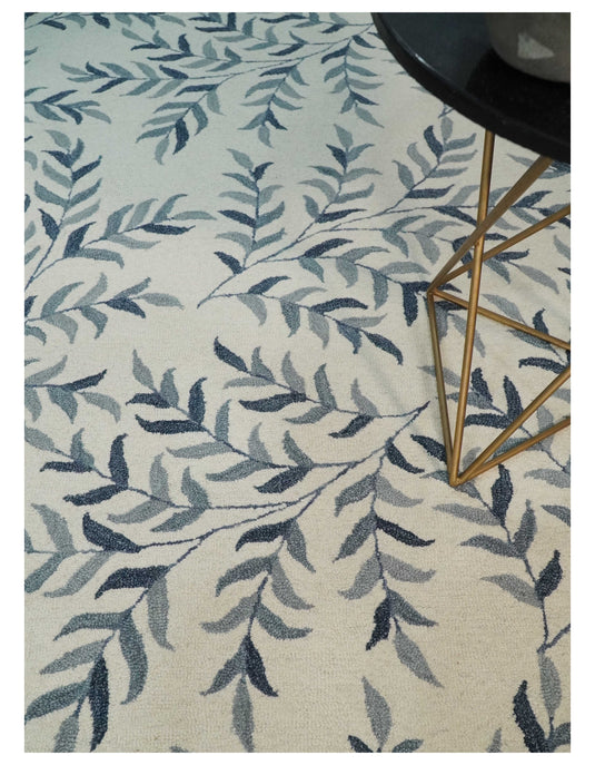 Custom Made Ivory, Gray And Charcoal Leaves Pattern Hand Tufted  Wool Area Rug