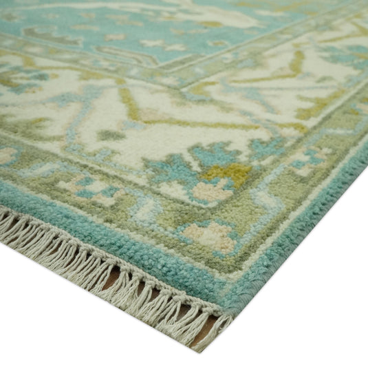 Custom Made Hand Knotted Oriental Oushak Aqua, Olive And Ivory Wool Area Rug
