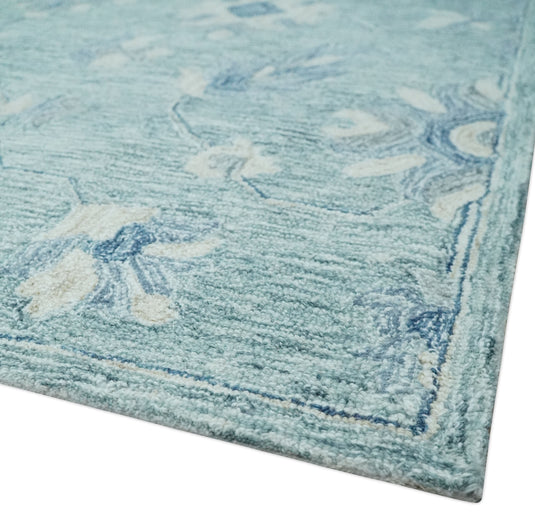 Custom Made Floral Pattern Blue, Ivory And Aqua Hand Tufted Wool Area Rug