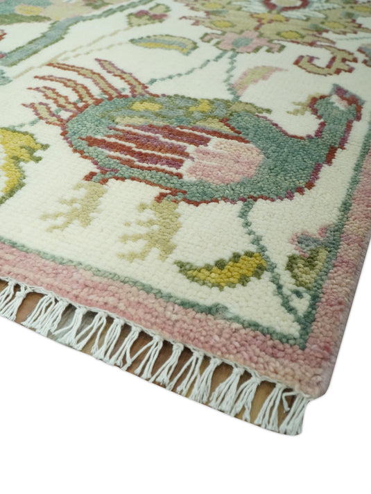 Custom Made Ivory, Maroon, Green And Peach Antique Floral Jungle Hand Knotted Wool Area Rug