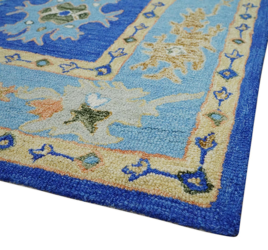 Custom Made Traditional Oushak Blue, Aqua And Camel Hand Tufted  Wool Area Rug