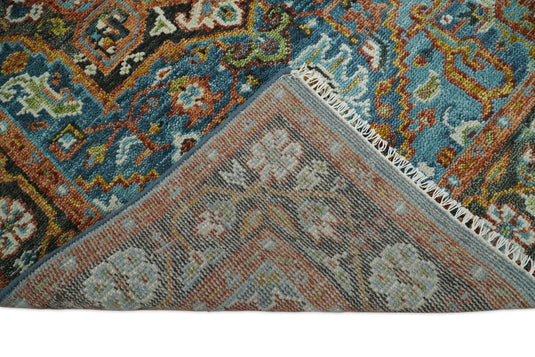 Custom Made Blue, Charcoal, Rust And Green Heriz Serapi Hand Knotted Wool Area Rug