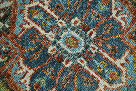 Custom Made Blue, Charcoal, Rust And Green Heriz Serapi Hand Knotted Wool Area Rug