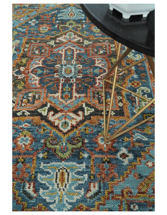 Blue, Charcoal, Rust And Green Heriz Serapi Hand Knotted 5x8 ft Wool Rug, Living Room | CP191