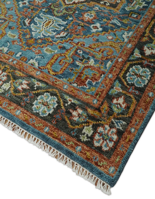 Blue, Charcoal, Rust And Green Heriz Serapi Hand Knotted 5x8 ft Wool Rug, Living Room | CP191