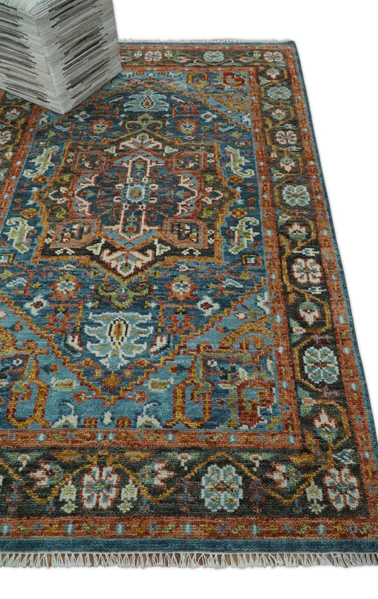 Blue, Charcoal, Rust And Green Heriz Serapi Hand Knotted 5x8 ft Wool Rug, Living Room | CP191