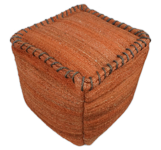 Dark Orange And Rust Jute Boho Pouf Footstool, Seat, Foot Rest Living Room, Bedroom