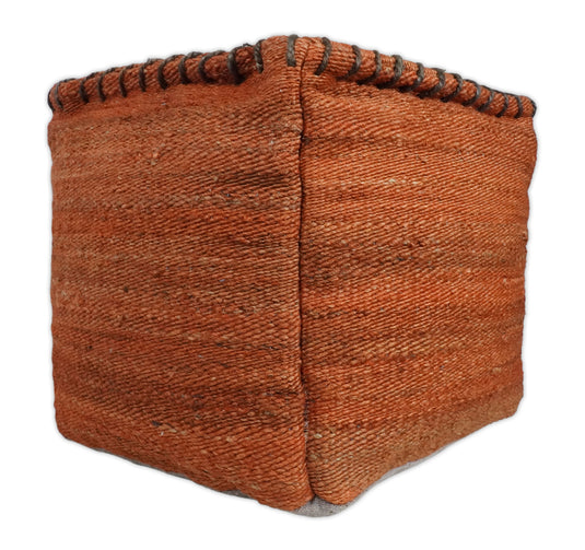 Dark Orange And Rust Jute Boho Pouf Footstool, Seat, Foot Rest Living Room, Bedroom