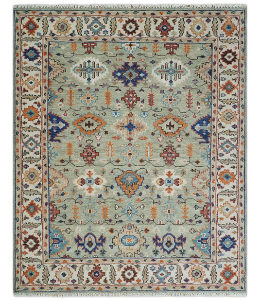 Custom Made Turkish Antique Green And Ivory Traditional Hand Knotted Oushak Wool Area Rug