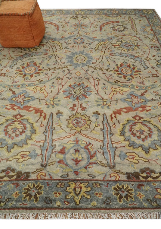 Custom Made Rust, Beige And Blue Traditional Hand Knotted Wool Area Rug