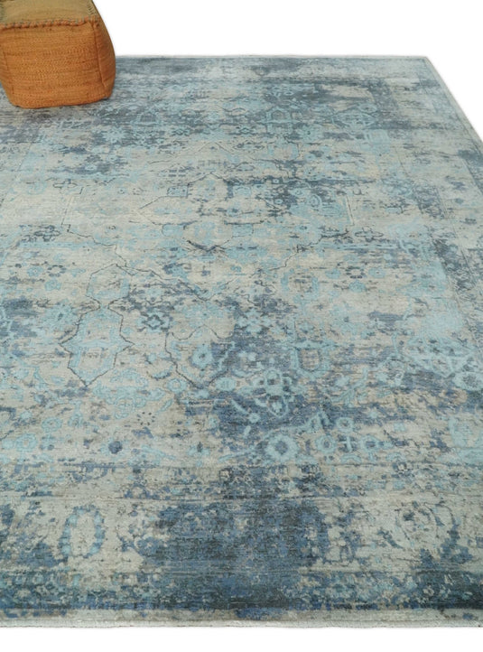 Abstract Pattern Aqua, Camel And Charcoal Hand Knotted 8x10 ft Bedroom, Living Room Rug SIlk Area Rug