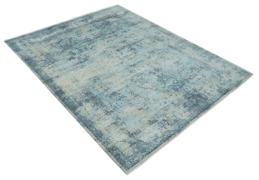 Abstract Pattern Aqua, Camel And Charcoal Hand Knotted 8x10 ft Bedroom, Living Room Rug SIlk Area Rug