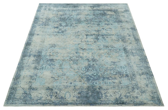 Abstract Pattern Aqua, Camel And Charcoal Hand Knotted 8x10 ft Bedroom, Living Room Rug SIlk Area Rug