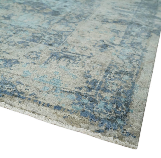 Abstract Pattern Aqua, Camel And Charcoal Hand Knotted 8x10 ft Bedroom, Living Room Rug SIlk Area Rug