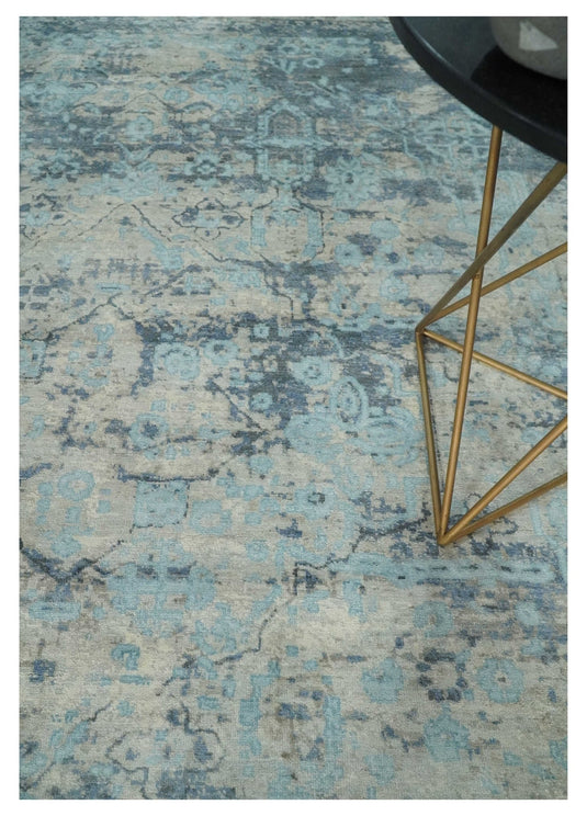 Abstract Pattern Aqua, Camel And Charcoal Hand Knotted 8x10 ft Bedroom, Living Room Rug SIlk Area Rug