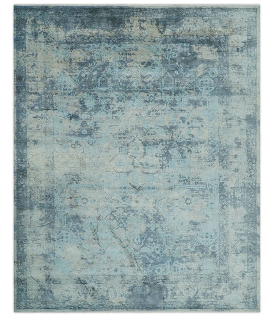 Abstract Pattern Aqua, Camel And Charcoal Hand Knotted 8x10 ft Bedroom, Living Room Rug SIlk Area Rug