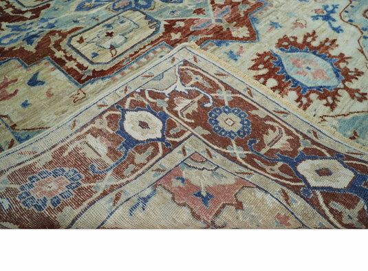 Antique Heriz Serapi Blue, Rust And Ivory Hand Knotted 8x10 ft Bedroom, Living Room Rug Wool Area Rug