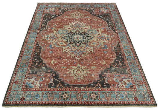 Heriz Serapi Rust, Blue And Ivory Hand Knotted 8x10 ft Bedroom, Living Room Rug Wool Area Rug