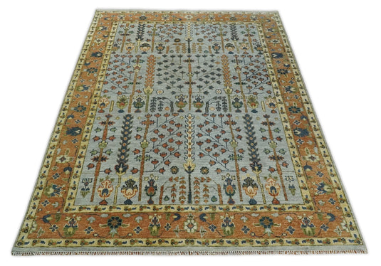 Blue and Rust, Tree of Life Vintage Persian Hand Knotted, Antique Turkish 5x8, 6x9, 8x10, 9x12, 10x14, 12x15 Wool Rug, Living Room | CP204S