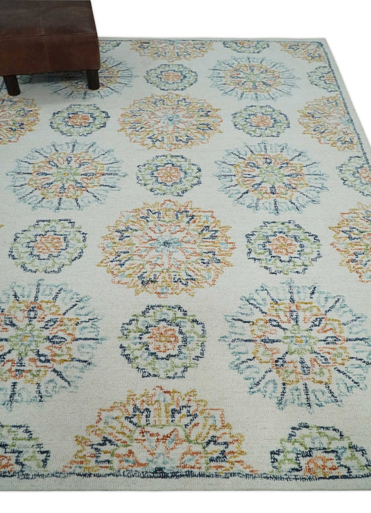 Custom Made  Ivory, Peach, Blue And Rust Hand Tufted  Wool Area Rug