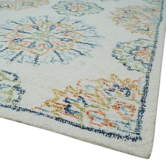 Custom Made  Ivory, Peach, Blue And Rust Hand Tufted  Wool Area Rug