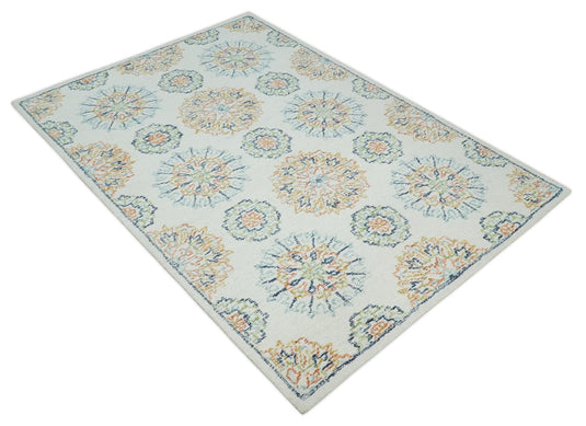 Custom Made  Ivory, Peach, Blue And Rust Hand Tufted  Wool Area Rug