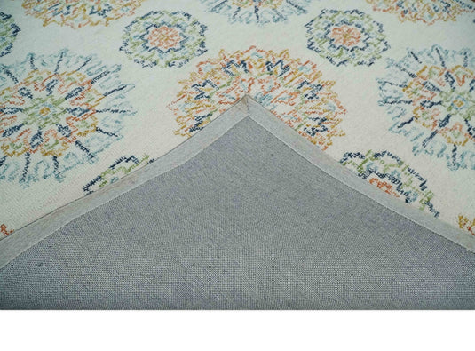 Custom Made  Ivory, Peach, Blue And Rust Hand Tufted  Wool Area Rug