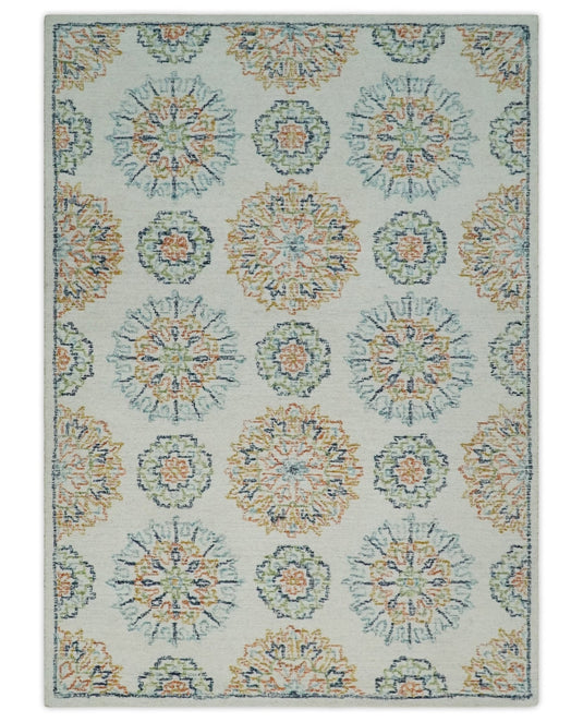 Custom Made  Ivory, Peach, Blue And Rust Hand Tufted  Wool Area Rug