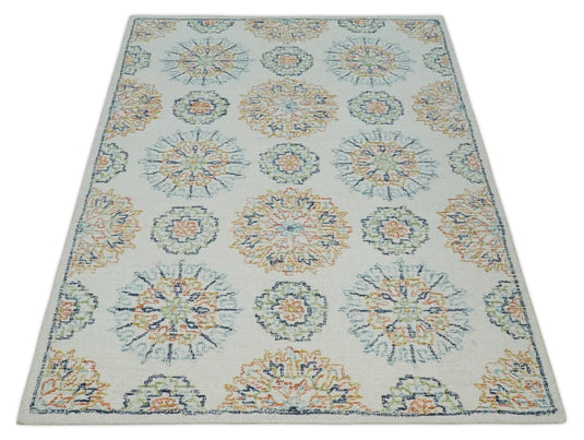 Custom Made  Ivory, Peach, Blue And Rust Hand Tufted  Wool Area Rug