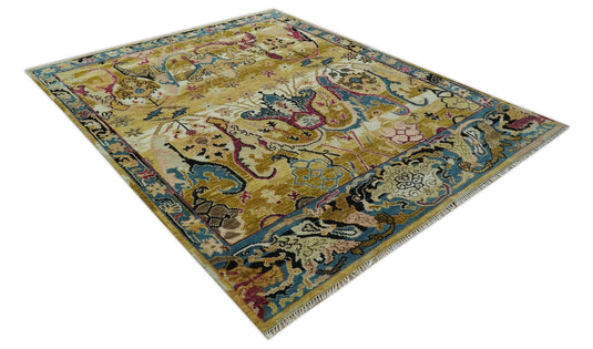 Custom Made Transitional Oushak Mustard And Teal Hand Knotted Wool Area Rug