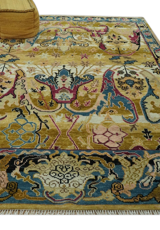Custom Made Transitional Oushak Mustard And Teal Hand Knotted Wool Area Rug