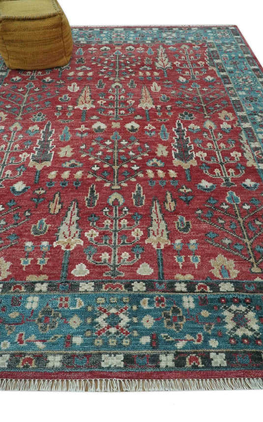 Blue And Maroon Tree of Life Hand Knotted Traditional 8x10 ft Bedroom, Living Room Rug Wool Area Rug