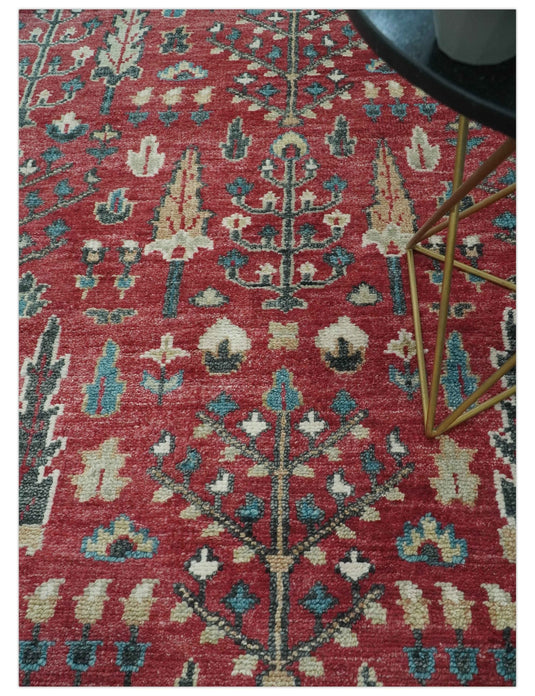 Blue And Maroon Tree of Life Hand Knotted Traditional 8x10 ft Bedroom, Living Room Rug Wool Area Rug