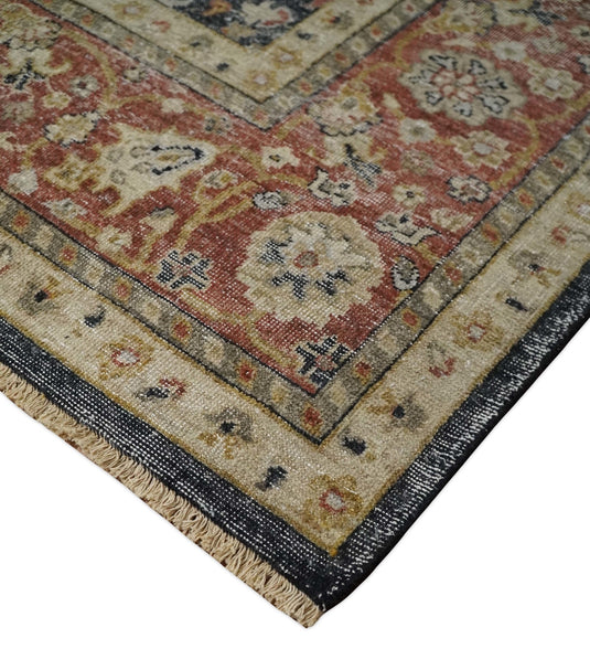 Custom Made Black, Rust And Beige Traditional Hand Knotted Wool Area Rug