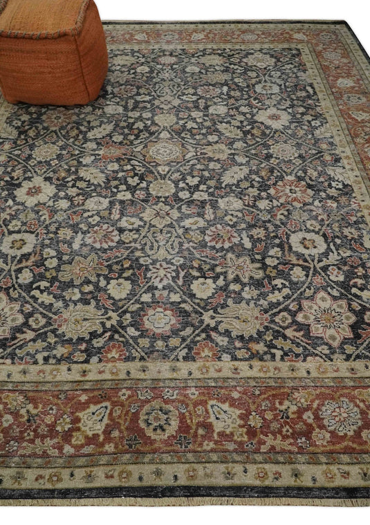 Custom Made Black, Rust And Beige Traditional Hand Knotted Wool Area Rug