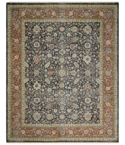 Custom Made Black, Rust And Beige Traditional Hand Knotted Wool Area Rug